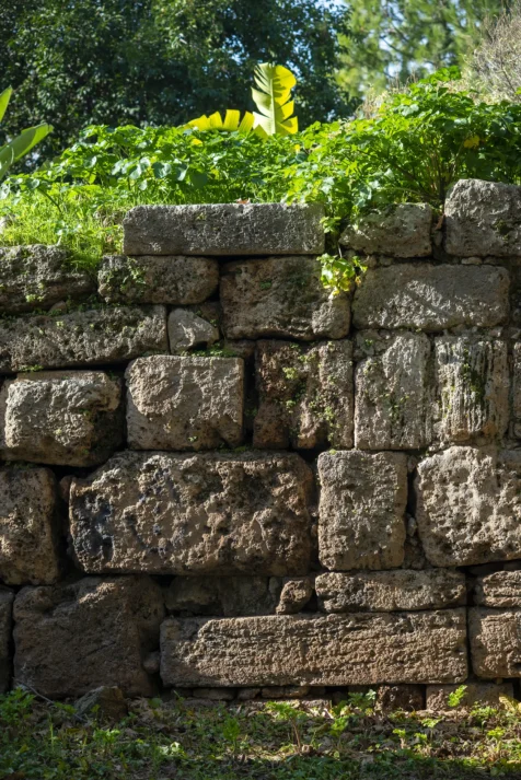 A stone wall and plants near Old Town in Antalya, Turkey, 2024.