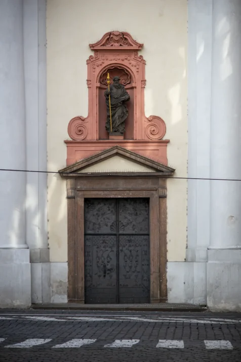 A church entrance and crosswalk in Prague, Czech Republic.