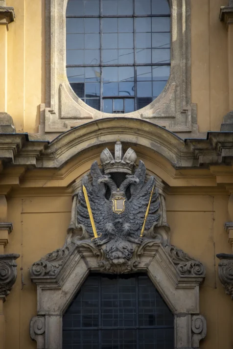 Exterior details of a church in Prague, Czech Republic.