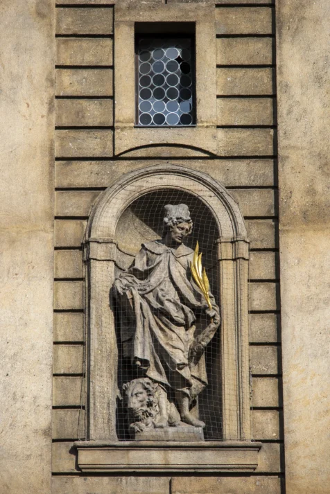 A statue on the St. Francis of Assisi Church in Prague, Czech Republic.