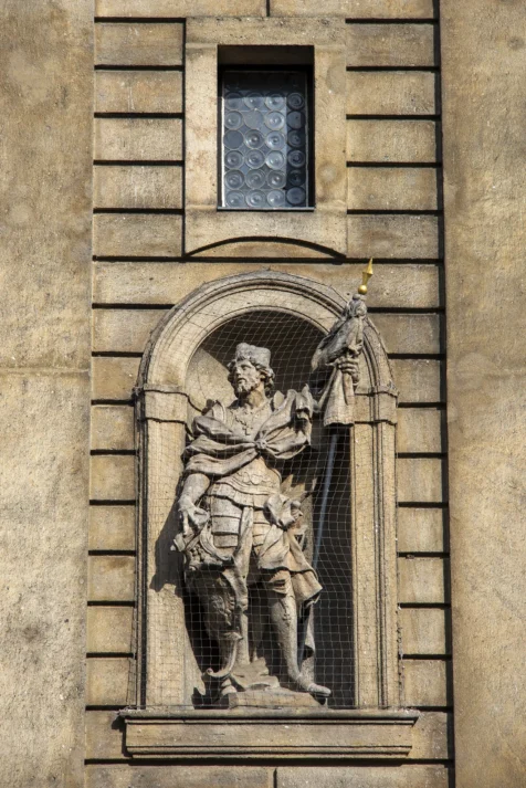 A statue of a guard on the St. Francis of Assisi Church in Prague, Czech Republic.