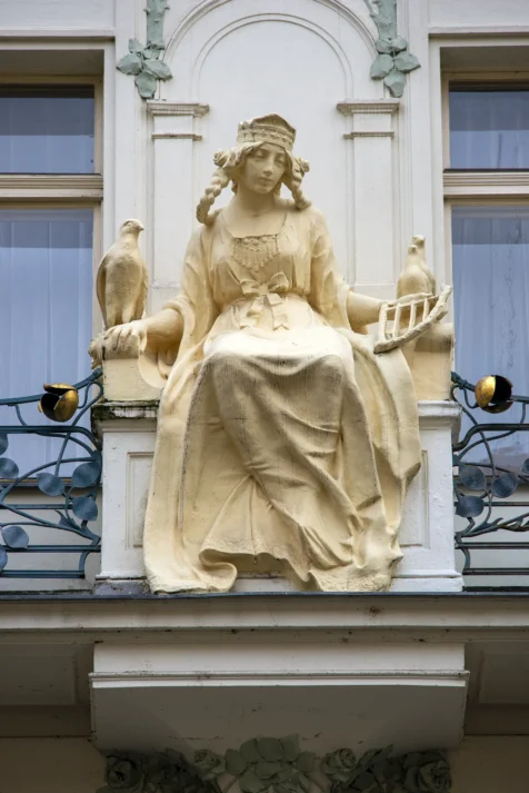 A statue on a building in Prague, Czech Republic.